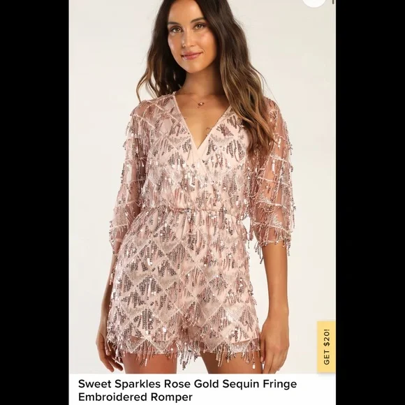 Lulus | Pants & Jumpsuits | Sweet Sparkles Rose Gold Sequin Fringe Romper |  Poshmark